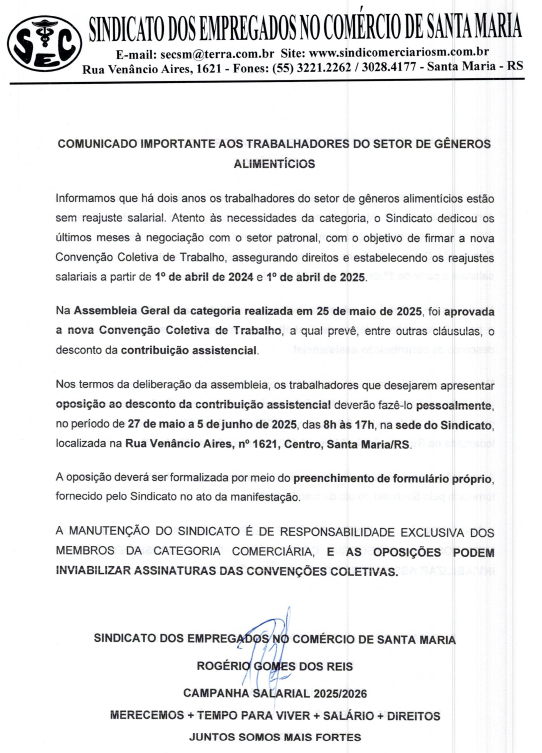 COMUNICADO TRABALHADORES DO SETOR DE GÊNEROS ALIMENTÍCIOS
